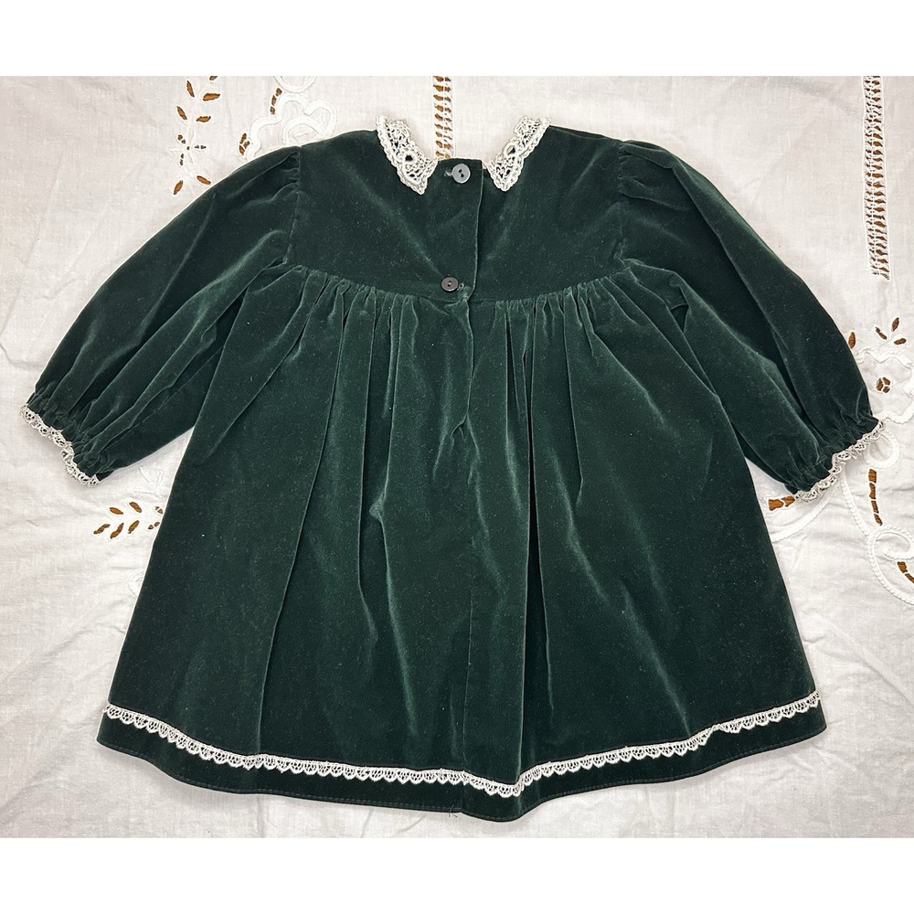 Jo Lene Made In USA -Vintage- 2T Green Velvet - Lace Rosettes - Picture 2 of 6